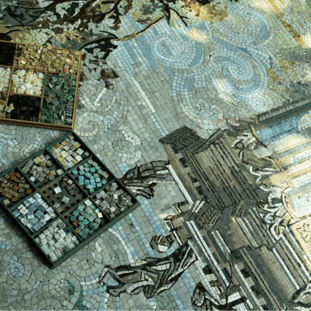Intricate mosaic artwork depicting classical architecture with statues and ornate detailing under a soft sky.