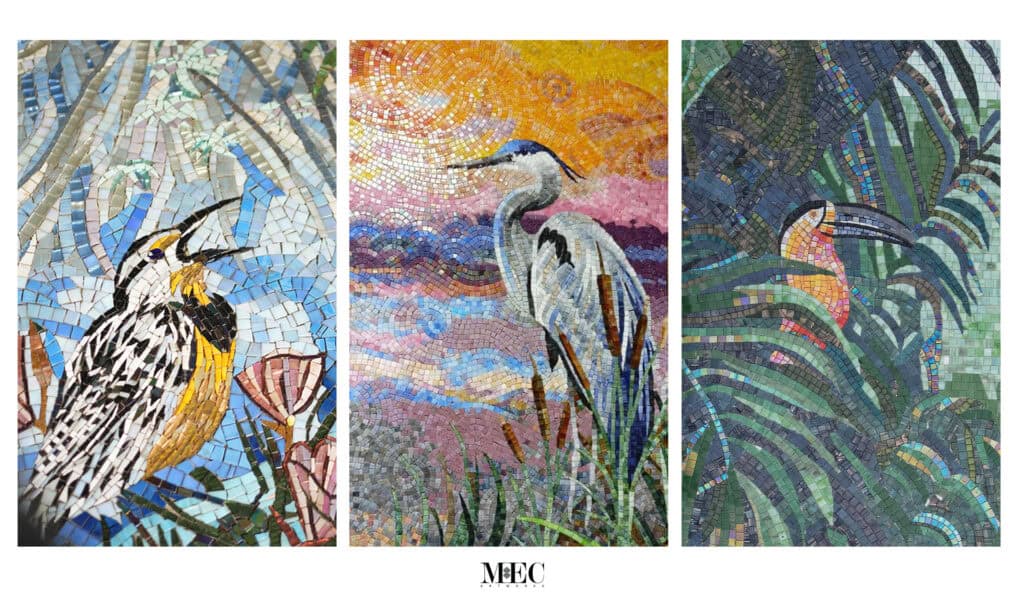 Three distinct paintings of various birds displayed on a wall, showcasing vibrant colors and artistic styles.