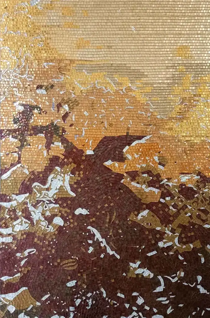 Golden and brown abstract mosaic art resembling sunlight reflecting on water with textured glass tiles.