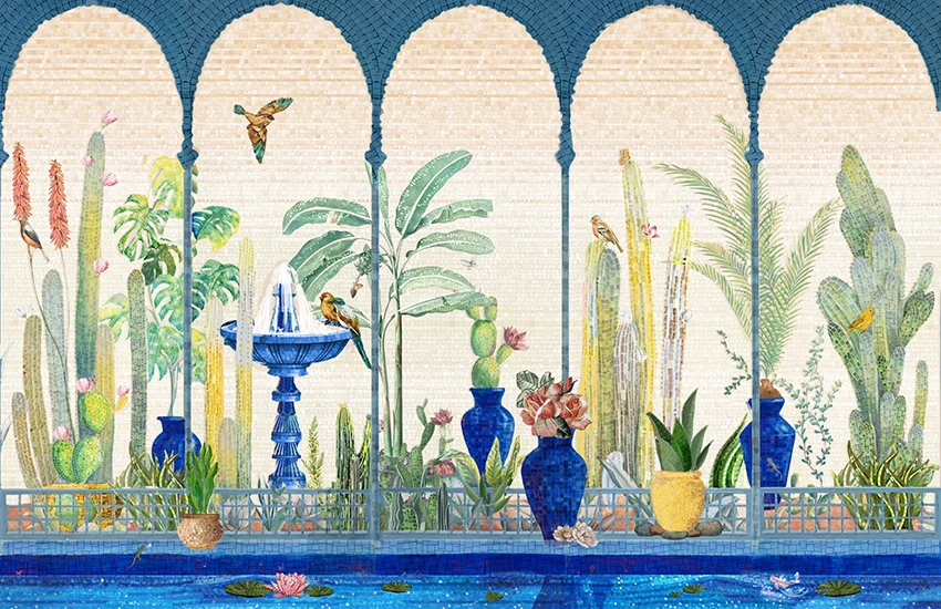 Intricate mosaic of arched courtyard, lush greenery, birds, blue fountain, and water lilies below.
