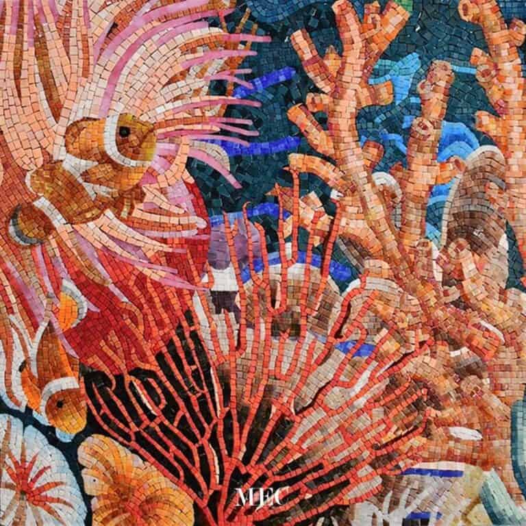 Colorful mosaic showing clownfish, sea anemones, coral branches, and oceanic background in vivid underwater scene.