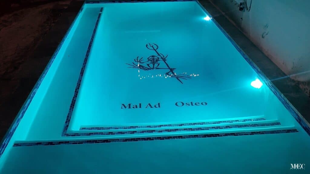 mal ad osteo frog skeleton pool bed mosaic emblem insignia navy SEALs filled with water evening lights twilight