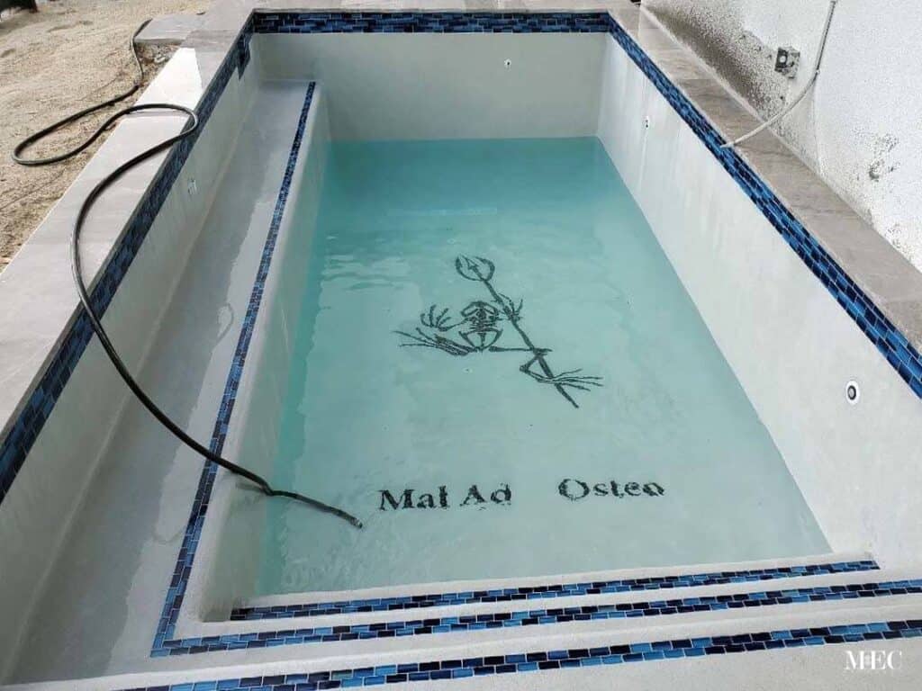 Mosaic pool design featuring skeleton figure and “Mal Ad Osteo” text with blue border tiles.