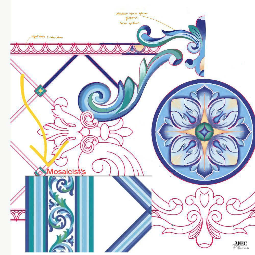 Colorful mosaic design sketches with floral, geometric patterns, blue accents, and handwritten artist notes.