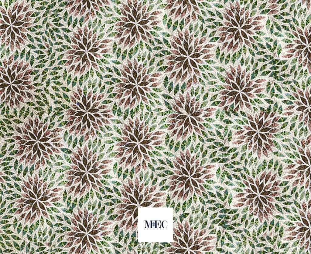 Mosaic artwork featuring symmetrical floral starburst patterns in earthy brown and green shades, by MEC.