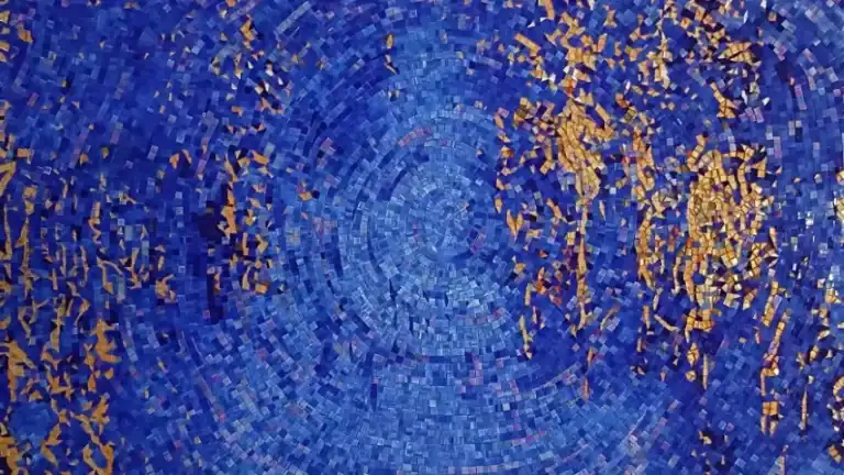 Abstract circular blue mosaic with scattered golden accents forming ripple-like visual texture patterns.