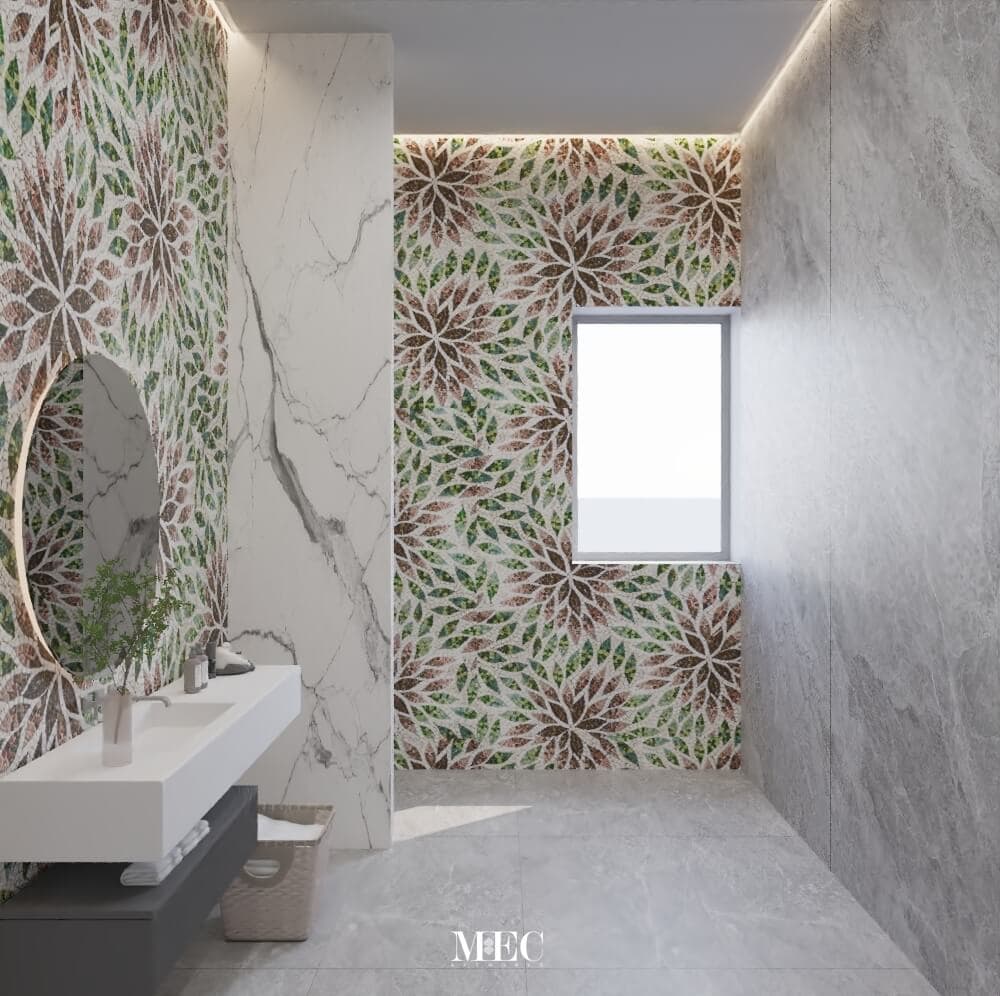 Modern bathroom featuring floral mosaic accent wall, marble detailing, minimalist fixtures, and soft ambient lighting.