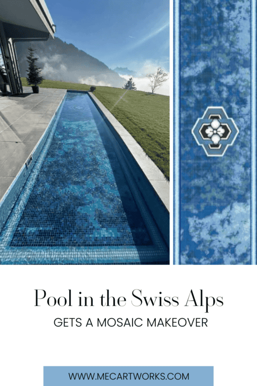 Long mosaic swimming pool with blue gradient tiles and floral medallion, overlooking scenic grassy hilltop.