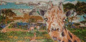 Glass mosaic of a giraffe in a savanna landscape with animals, trees, and colorful natural scenery.