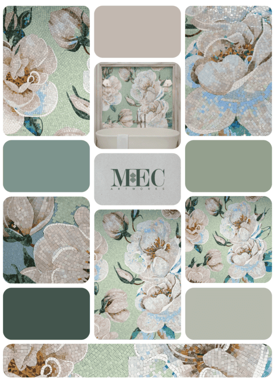 Floral mosaic bathroom wall with pastel green tones and magnolia design by MEC Artworks.