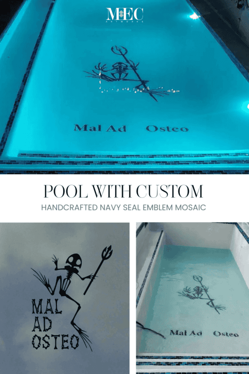 Custom pool mosaic with Navy SEAL skeleton emblem and Latin phrase "Mal Ad Osteo" handcrafted.