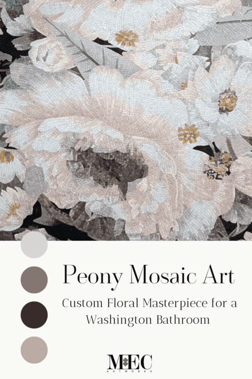 Peony flower mosaic in soft tones, custom-designed for a luxurious Washington bathroom by MEC Artworks.