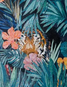 Tiger hidden in lush tropical foliage with vibrant leaves and flowers in a mosaic artwork.