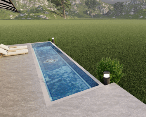 Modern lap pool with mosaic tiles, lounge chairs, and mountain view in serene green landscape.