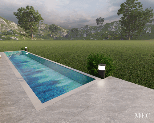Elegant narrow pool with blue mosaic tiles, set in lush green landscape and mountain backdrop.