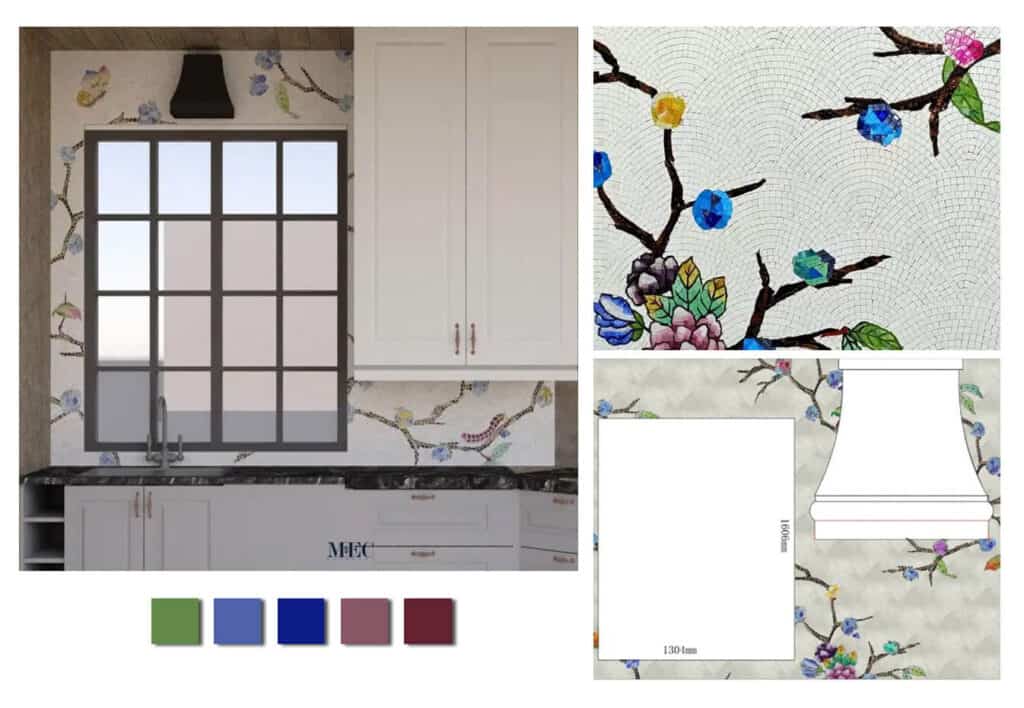 Colorful floral and bird mosaic backsplash design with branch detailing, complementing modern white kitchen cabinetry.