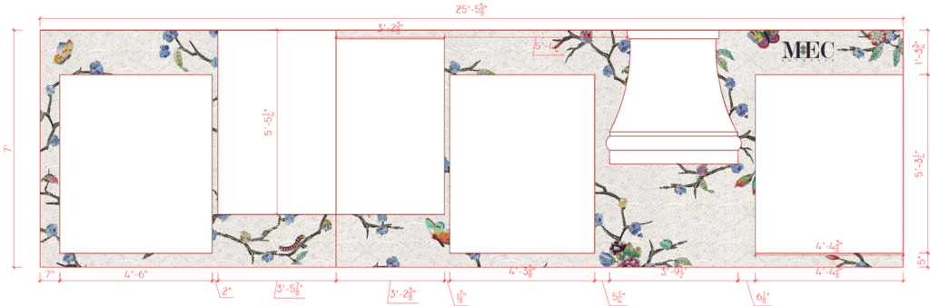 kitchen backsplash wall plan and Oksa cherry blossom mosaic design proposal