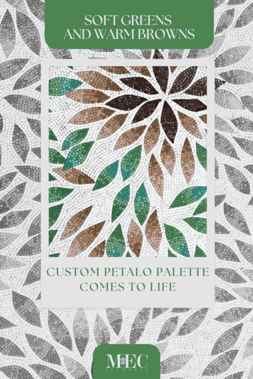 Mosaic petal design featuring soft green and warm brown tones in a custom tile palette.