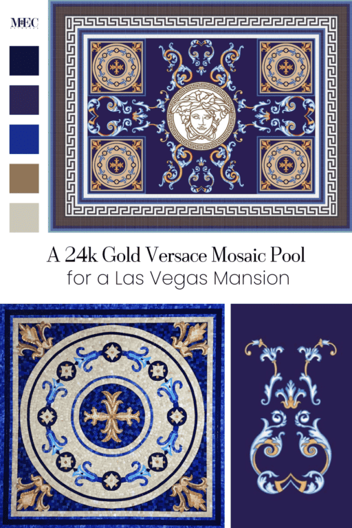 Luxurious 24k gold Versace mosaic pool design in royal blue for a Las Vegas mansion.