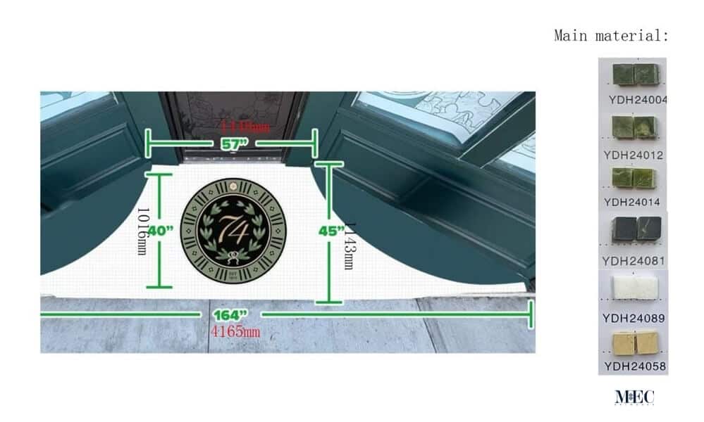 Round mosaic floor medallion with measurements and material swatches, shown outside a green storefront.