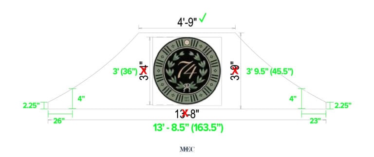 Diagram showing corrected dimensions for circular floor mosaic with Roman numerals and laurel leaf design.