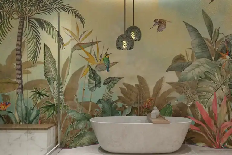Modern spa-style bathroom with jungle mural, sleek stone bathtub, hanging lamps, and tropical luxury aesthetic.