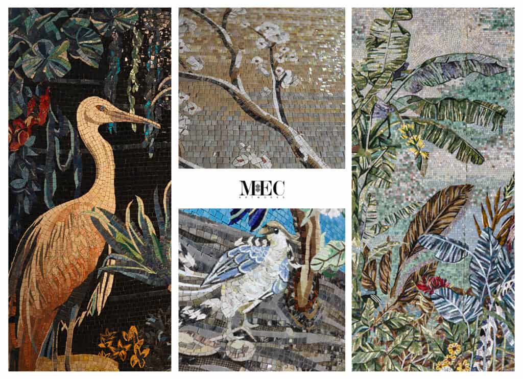 Detailed tropical mosaic art featuring birds, leafy plants, and textured handcut tiles in natural tones.