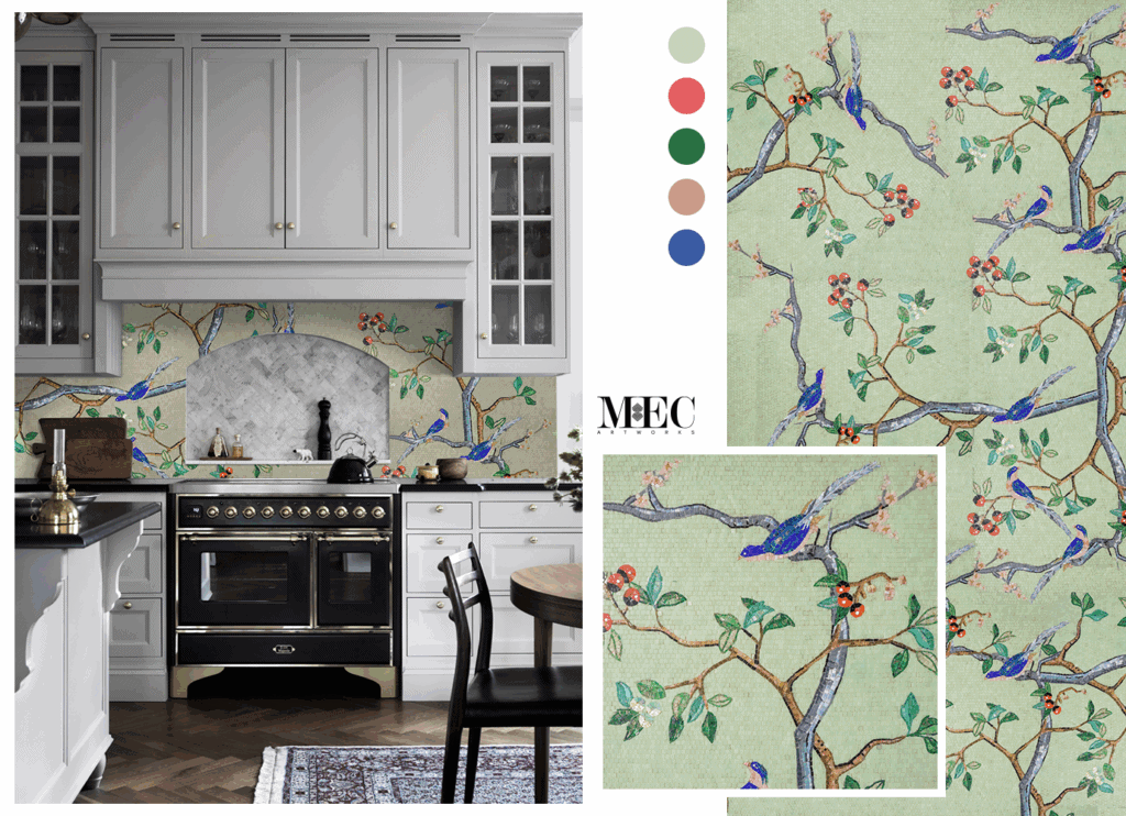 tropical bird mosaic tile art as kitchen backsplash