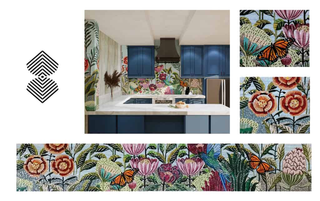 mosaic tile art kitchen backsplash by MEC Artworks fllowers and butterflies