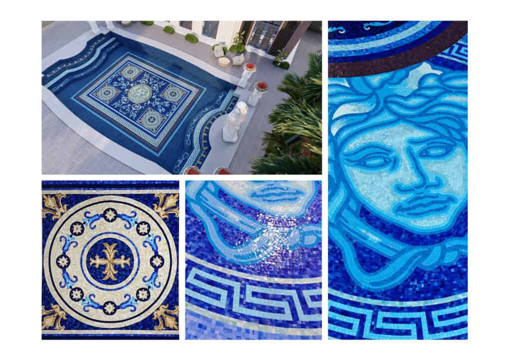 Versace blue and golden pool mosaic