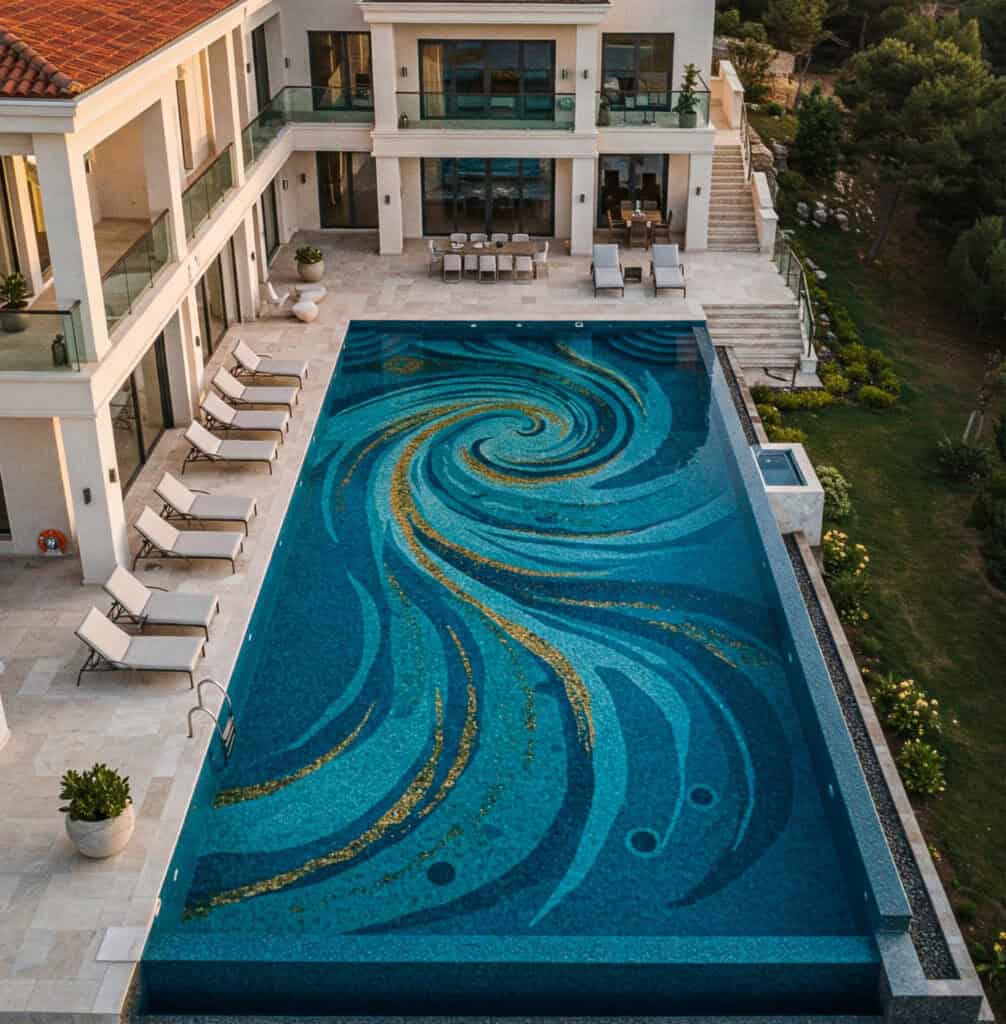 mosaic golden swirls and pixels pool blue water