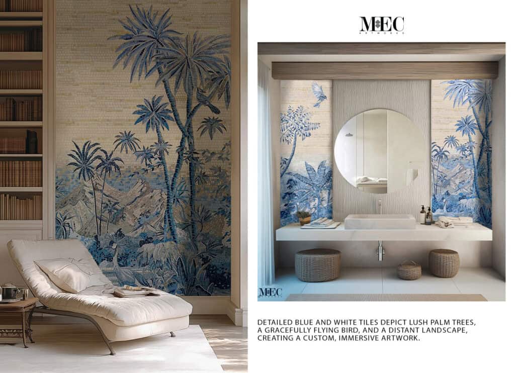 blue palm trees bathroom wall tile mosaics MEC Artworks