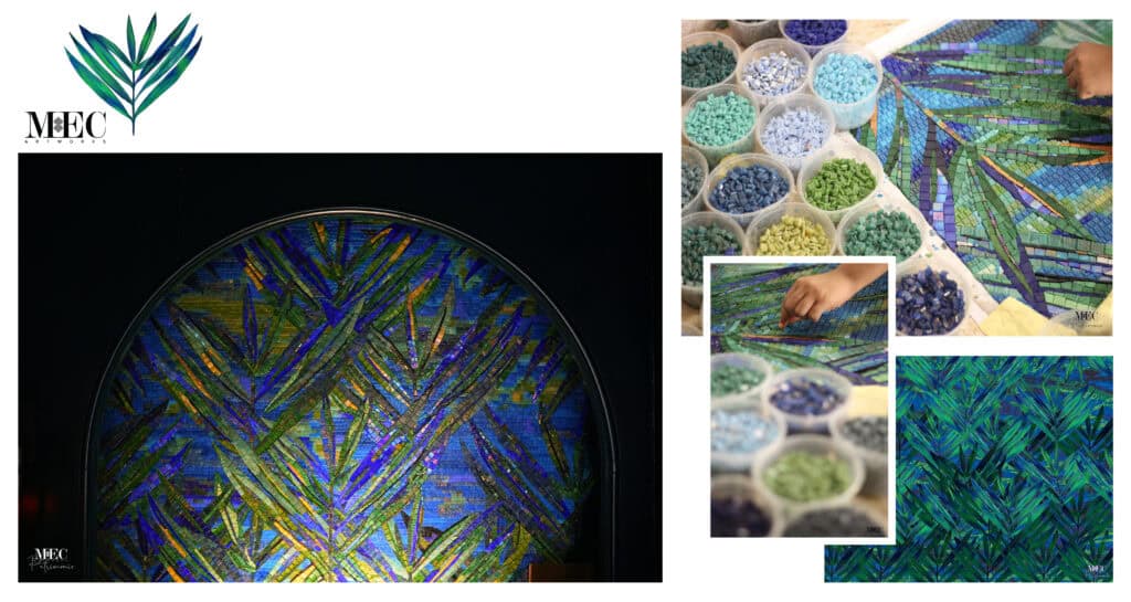 botanical tropical blue and green mosaic leaves art by MEC Artworks