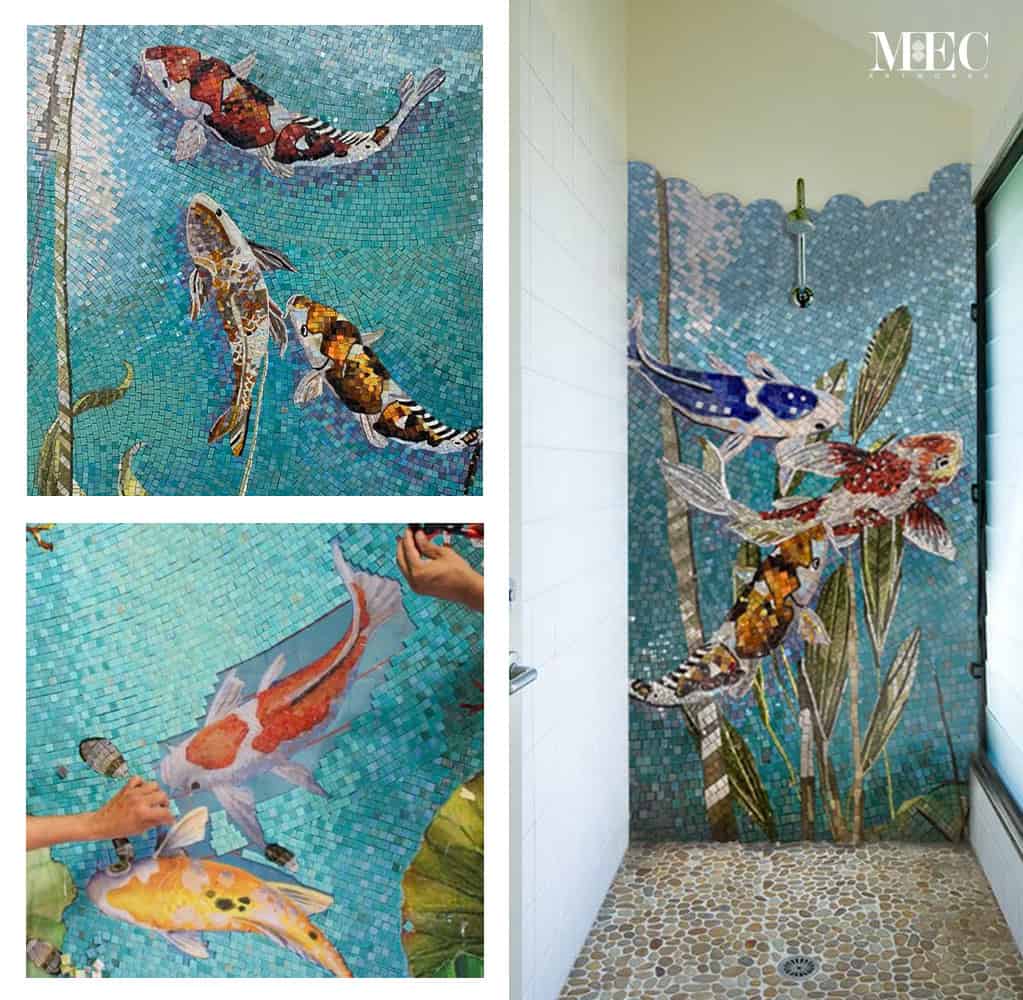 koi fish mosaic tile art bathroom backsplash shower wall
