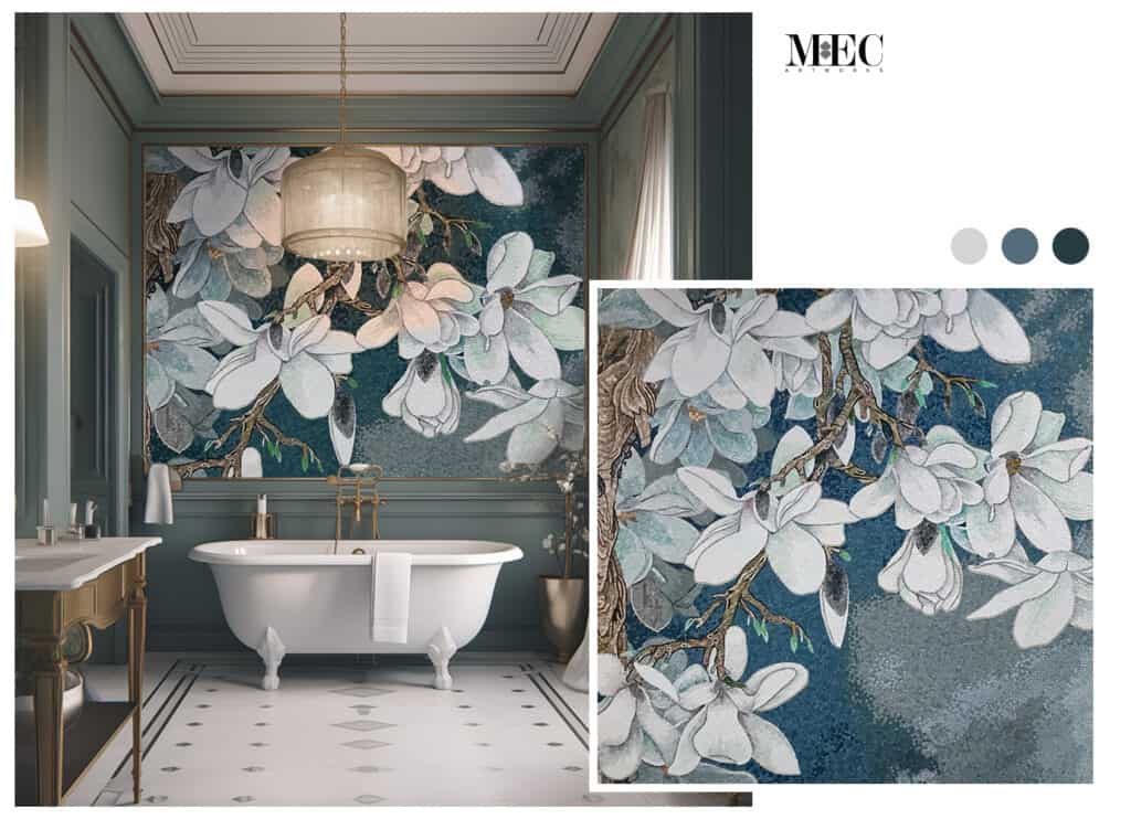 white orchid on teal branches mosaic tile art bathroom backsplash