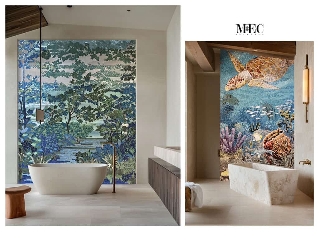 botanical tropical and aquatic bathtub backsplash on wall mural by mec artworks