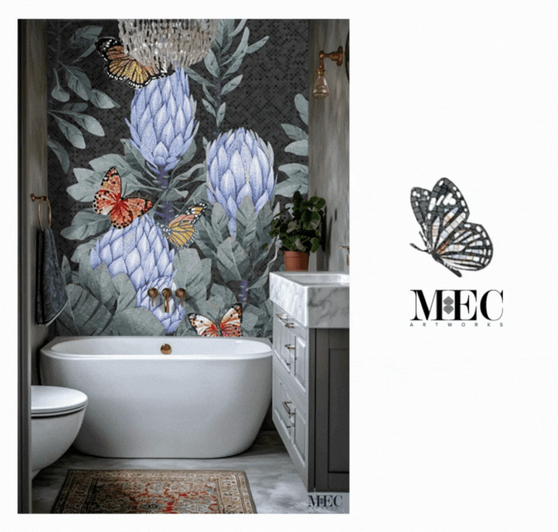 botanical butterflies bathtub backsplash