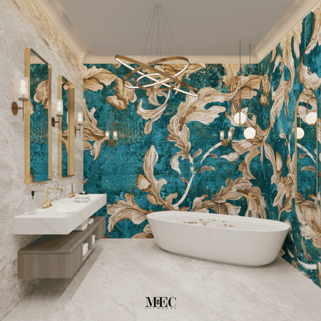 golden leaves on aquamarine background bathroom backsplash