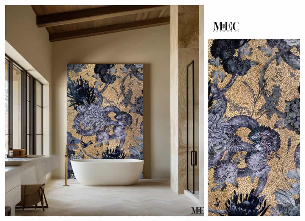 floral and gold bathroom backsplash
