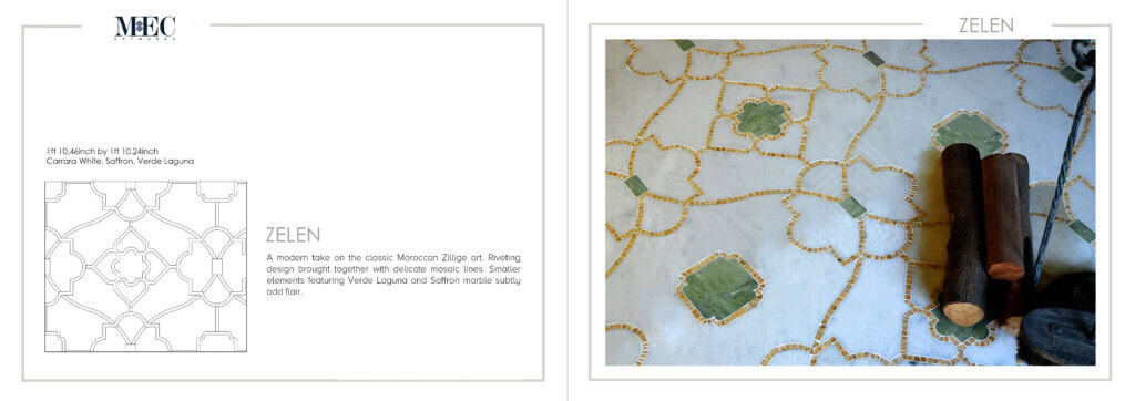 waterjet design zelen with verde laguna and carrara white