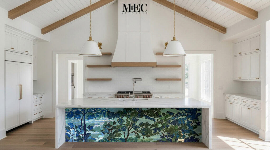 tropical green and blue kitchen island design