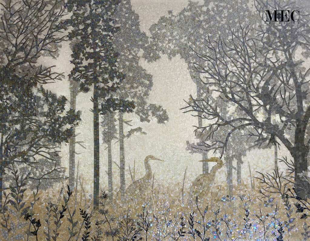 mosaic misty forest heron mural