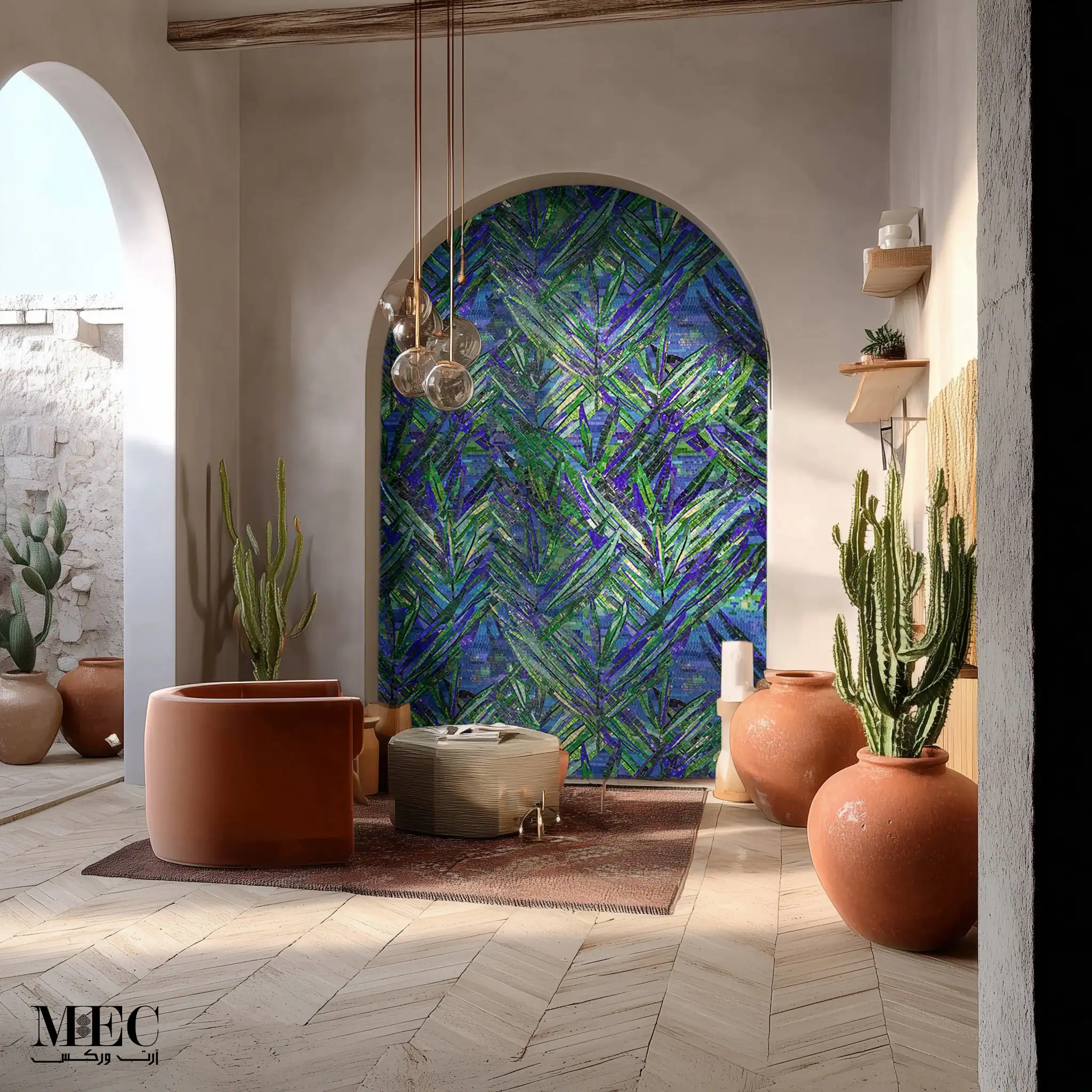 Mosaic wall mural featuring layered leaf patterns in shades of blue, green, and purple, installed in an arched feature wall within a rustic-modern interior with terracotta accents.