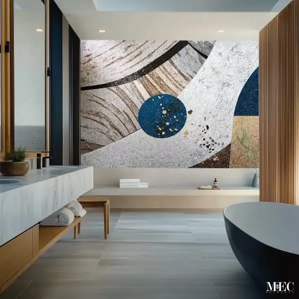 Abstract mosaic wall with a bold blue circle, flowing curved lines, earthy beige tones, and gold speckles, creating a textured and balanced design.