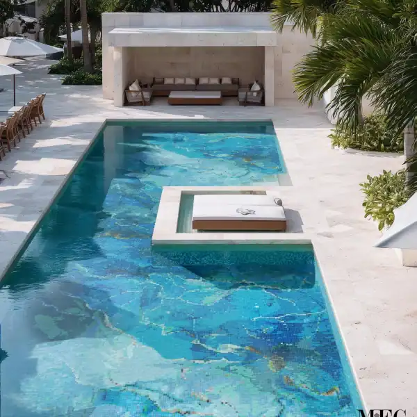 Luxury swimming pool with artistic blue mosaic tile design, tropical wave-inspired patterns, and modern lounging area in a resort-style setting.