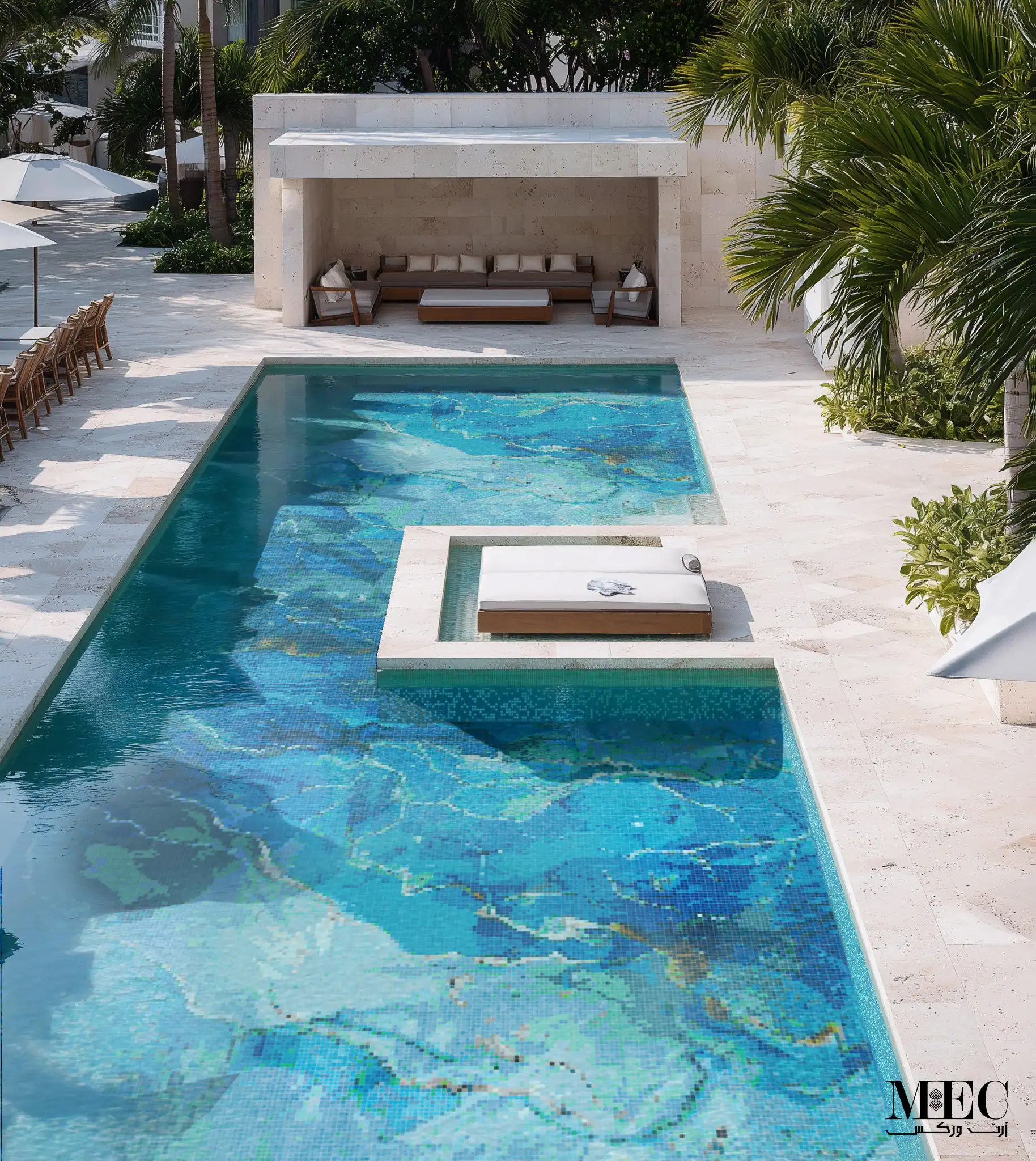 Luxury swimming pool with artistic blue mosaic tile design, tropical wave-inspired patterns, and modern lounging area in a resort-style setting.