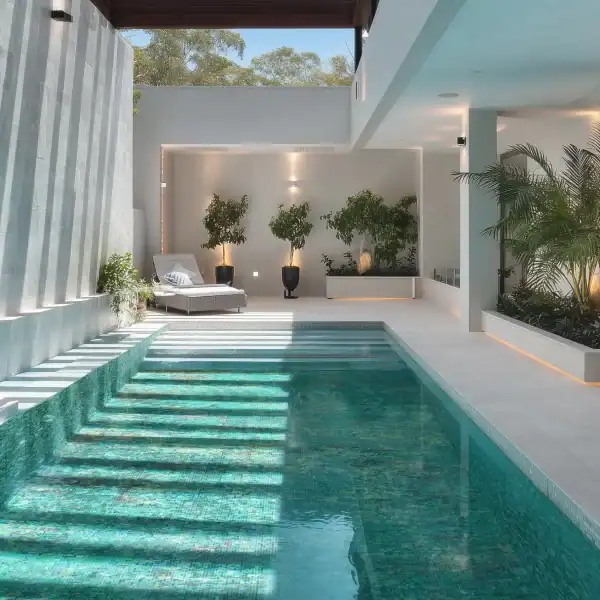 Rectangular swimming pool with aqua matrix mosaic tiles, green-blue tones, and striped light patterns across the water surface.