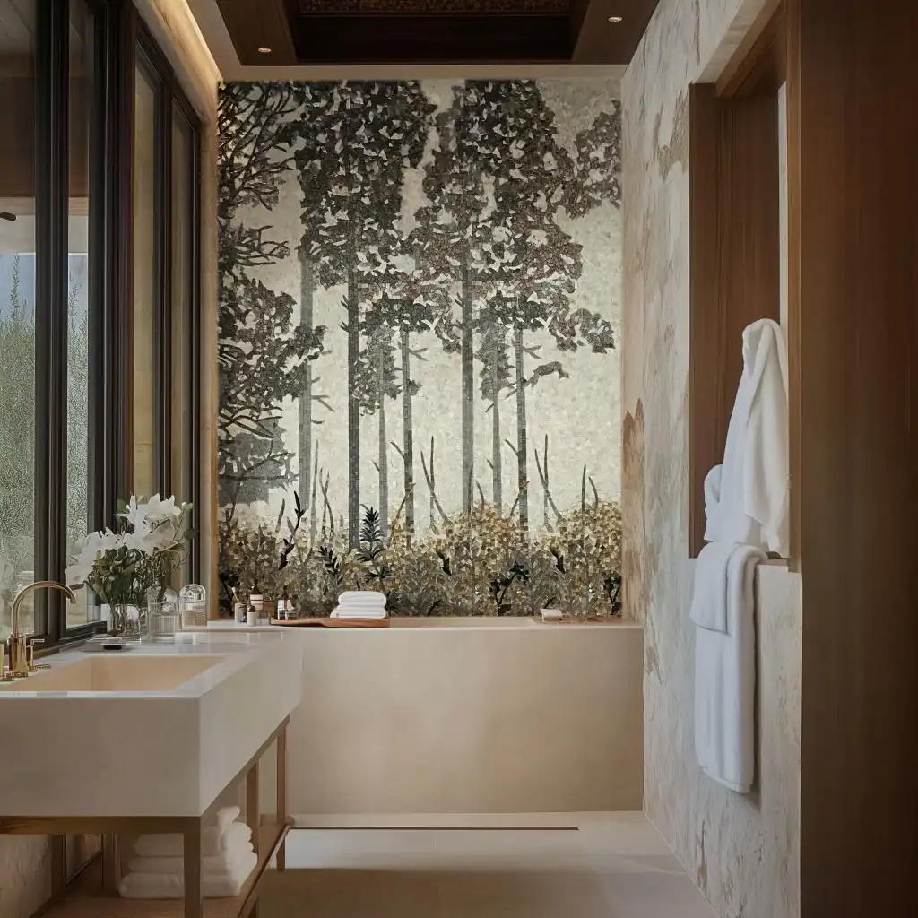 Elegant bathroom featuring a large forest-themed mosaic wall above a bathtub, with beige stone walls, wooden accents, and a modern sink design.