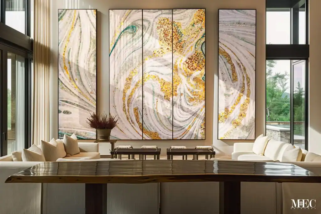 Multi-panel mosaic wall mural with swirling abstract patterns in white, gold, and soft green tones, installed as a feature wall in a tall living room interior.