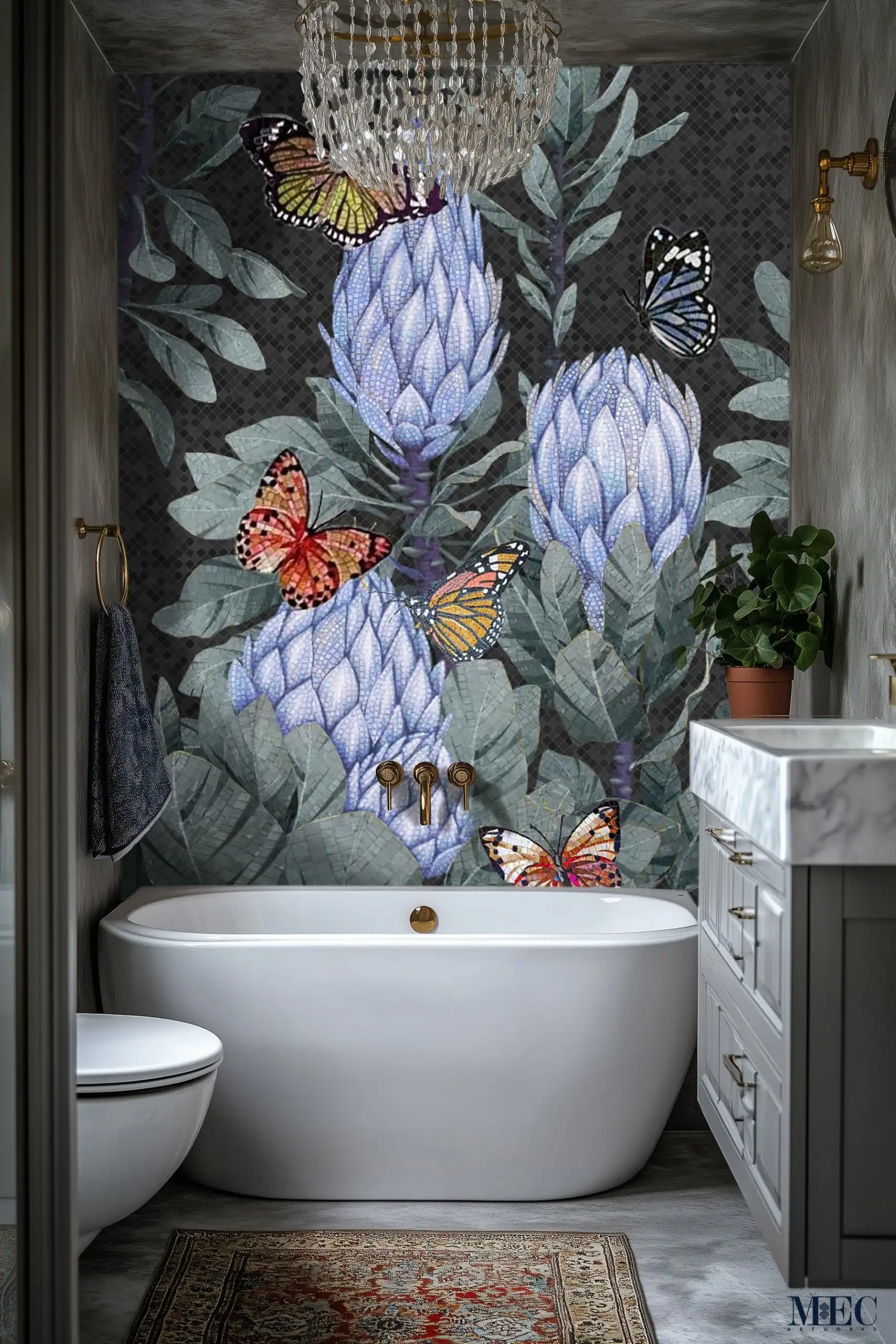 Bespoke floral mosaic artwork featuring butterflies and lavender-toned blooms against a dark textured background, installed as a bathroom wall feature.